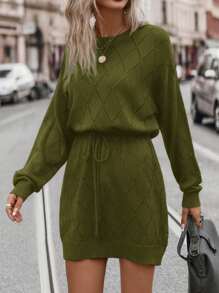 SHEIN LUNE Plus Size Women's Elegant Casual Daily Commute Autumn Winter Round Neck Drop Shoulder Pattern Waist Drawstring Loose Black Sweater Dressbusiness Casual Woman,Holiday Outfits,Country Tops