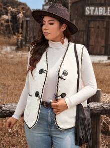 SHEIN VCAY Áo khoác vest ống tương phản không tay cỡ lớn cho nữ, thường ngày cho mùa thu/đông, trang phục phụ nữ phương Tây, trang phục đi nghỉ cho phụ nữ, phụ nữ phong cách quý tộc, phương Tây - trắng - Xem 3
