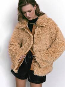 Maija Women's Brown Fuzzy Warm Faux Leather Patchwork Turndown Collar Loose Casual Teddy Fleece Jacket, Winter - Khaki - View 3