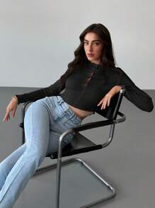 Aloruh 1 bucată tricou de damă alb cu mânecă lungă, decupată, cu volană, cu fundă, în față, cu tiv despicat, pentru întâlniri romantice