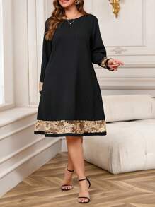 EMERY ROSE Plus Size Elegant Black And Gold Christmas Dress Women,Autumn Dinner Patchwork Embroidery Mesh Cuff Straight Loose Winter Clothes For Women - Black - View 7