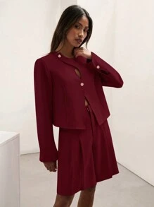 COSMINA 1 件女士时尚纯色镂空短夹克，秋季 - 酒紅色 - 查看 6