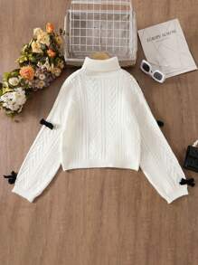 Gestrickter Tween Kleine Mädchen-Cardigan im Stricktrend für Musikfestivals, lässig, bequem, süß, kurz, geeignet für Party, Reise, Picknick, Einkaufen, Schule, Tween Kleine Mädchen Rundhals-Pullover mit 3D-Schleife, Tween Kleine Mädchen Herbst- und Wintermode handgemachter Schleifen-Pullover mit langen Ärmeln, hohem Kragen und kurzer Passform, geeignet für Spät-Herbst und Winter, aufgeblähte Ärmel, süß und niedlich