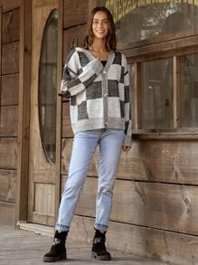 LanaWest Women Casual Checkerboard Pattern Front Button Cardigan, Suitable For Autumn/Winter - Black and White - View 4