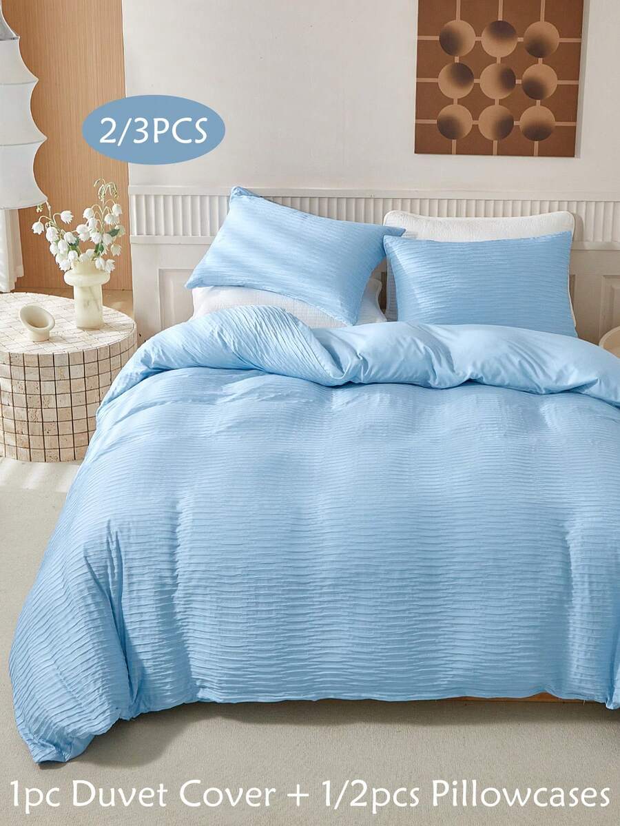 Bộ 2/3 vỏ chăn sợi tổng hợp xếp ly, Bộ chăn polyester phong cách đồng quê đơn giản và thời trang, Phù hợp cho mọi mùa, Queen (1 vỏ chăn + 1/2 vỏ gối) - Màu xanh lam - Xem 1