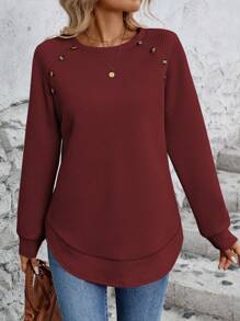 SHEIN LUNE 女士插肩袖纽扣设计长袖休闲圆领运动衫 - 酒紅色 - 查看 3
