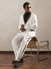 AKNOTIC Formal Set de chaqueta y pantalón de traje de manga larga con cuello de solapa y bloqueo de color para hombre, adecuado para otoño - Blanco y Negro - View 9