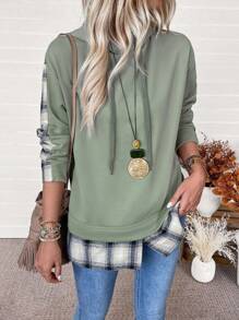 SHEIN LUNE Áo nỉ rộng rãi có mũ trùm đầu 2 trong 1, áo nỉ dệt kim xẻ vạt phối họa tiết kẻ caro tương phản, chất liệu ấm áp và thoải mái, phối nhiều chất liệu, phong cách thường ngày, thể thao, đi làm, áo nỉ nữ dáng rộng mùa thu - xanh quân đội - Xem 3