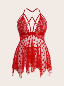 Talla grande Slips con estampado de corazón de malla con tanga