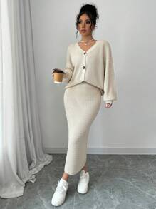 Elenzga 2pcs Set Casual Solid Color Lantern Sleeve Cardigan And Skirt, Autumn/Winter