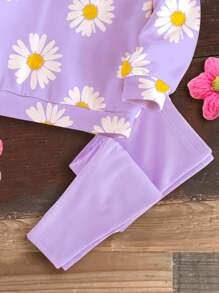 SHEIN Conjunto casual de 2 piezas para niña bebé "Margarita", con estampado floral lindo en morado, que incluye sudadera holgada con gráfico de letra y pantalón relajado, dulce y tranquilo