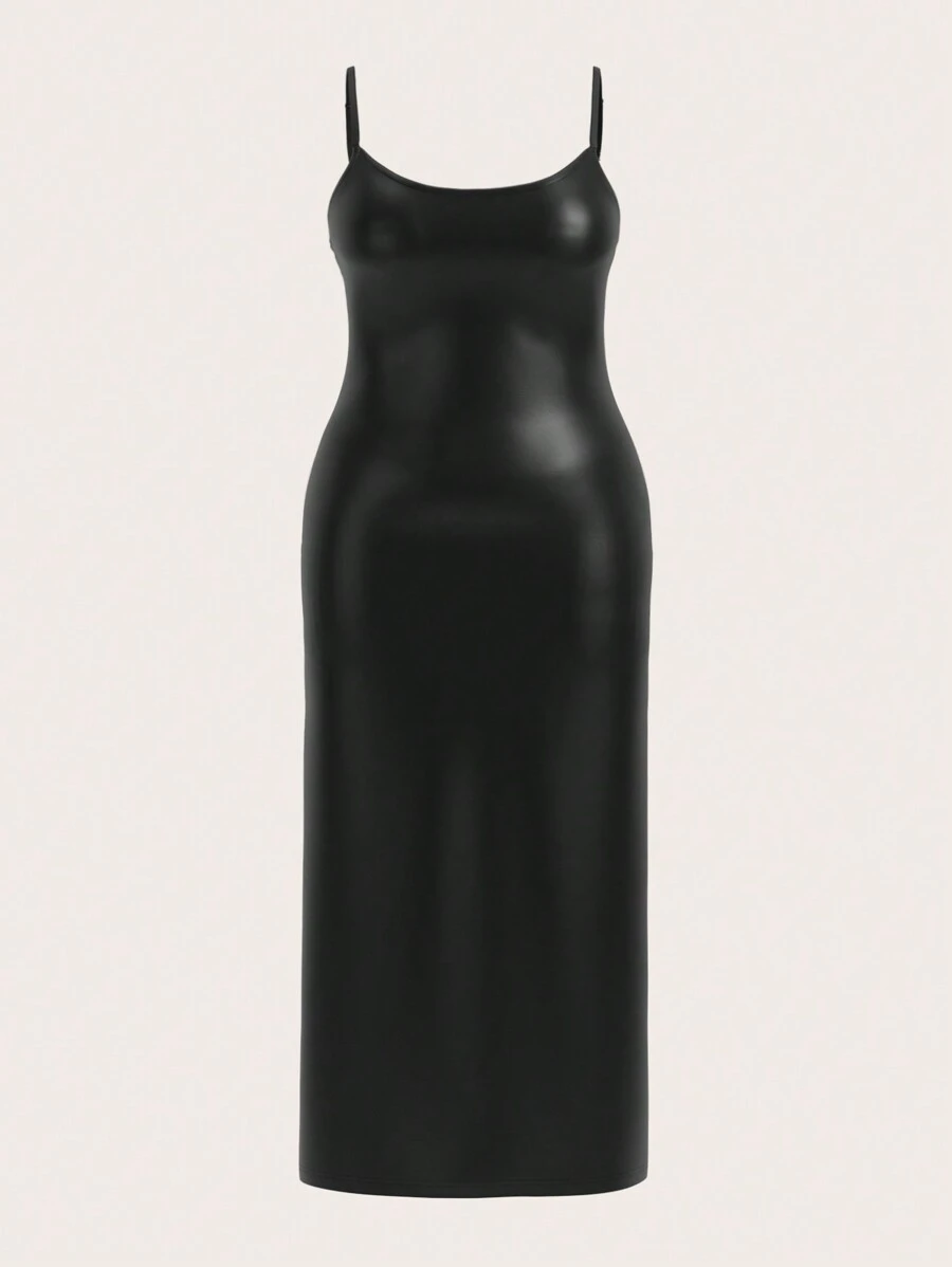 SHEIN EZwear 大码女式紧身 PU 长裙，秋冬万圣节服装 - 黑色 - 查看 1