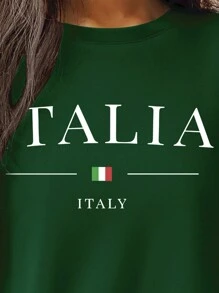 SHEIN LUNE 女士长袖休闲舒适T恤，意大利国家运动设计图案T恤，春季女式上衣 - 綠色 - 查看 6