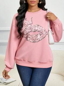 SHEIN Lady Autumn And Winter Pink Tracksuit Christmas Sweatshirt  Long Sleeve Graphic Sweatshirt Women's Sweatshirt Imitation Hot Diamond Printed Pattern Loose Sweatshirt Pink Elegant Women's Fashion Sweatshirt