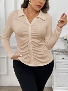 SHEIN Privé Plus Size Women Ruched Collared Form-Fitting T-Shirt - Apricot - View 3