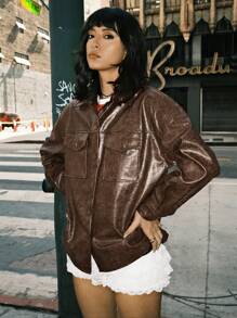 SHEIN EZwear 1 件女式复古棕色仿皮夹克，带口袋，长袖，秋季新品 - 棕色 - 查看 7
