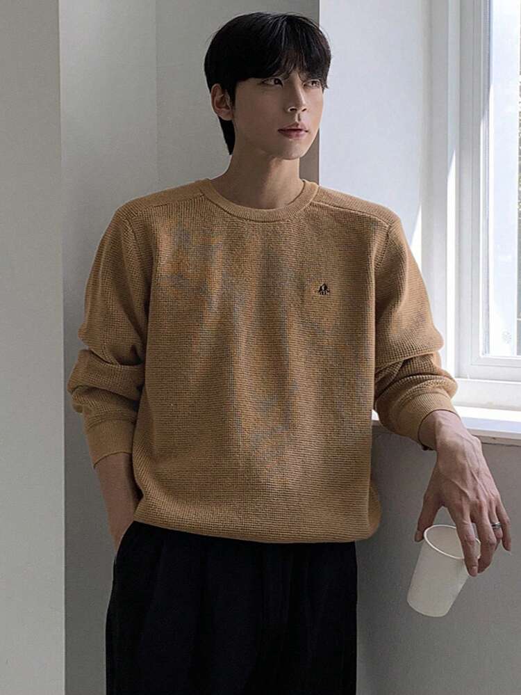Men's Khaki Sweater With Small Embroidery, Autumn