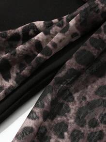 DAZY 女士秋季时尚豹纹系带前不对称肩部修身T恤长袖女上衣 - 黑色 - 查看 4