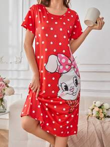Cute Rabbit & Polka Dot Print Loose Dress, Sweet Style For Women Nightgown, Moo Moo - Multicolor - View 4