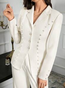 Modelyn Women Elegant Pearl Beaded Collar Cinched Waist Blazer Jacket For Commuting, Autumn Winter, Elegant Regular Blazers, For Evening Party/Wedding Guest/Anniversary