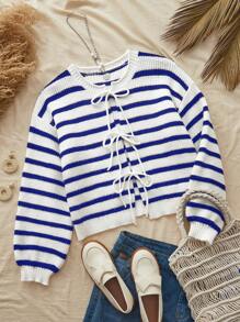 SHEIN VCAY Women's Loose Round Neck Tie-Up Long Sleeve Bowknot Cardigan, Bow Decoration, Fall Women