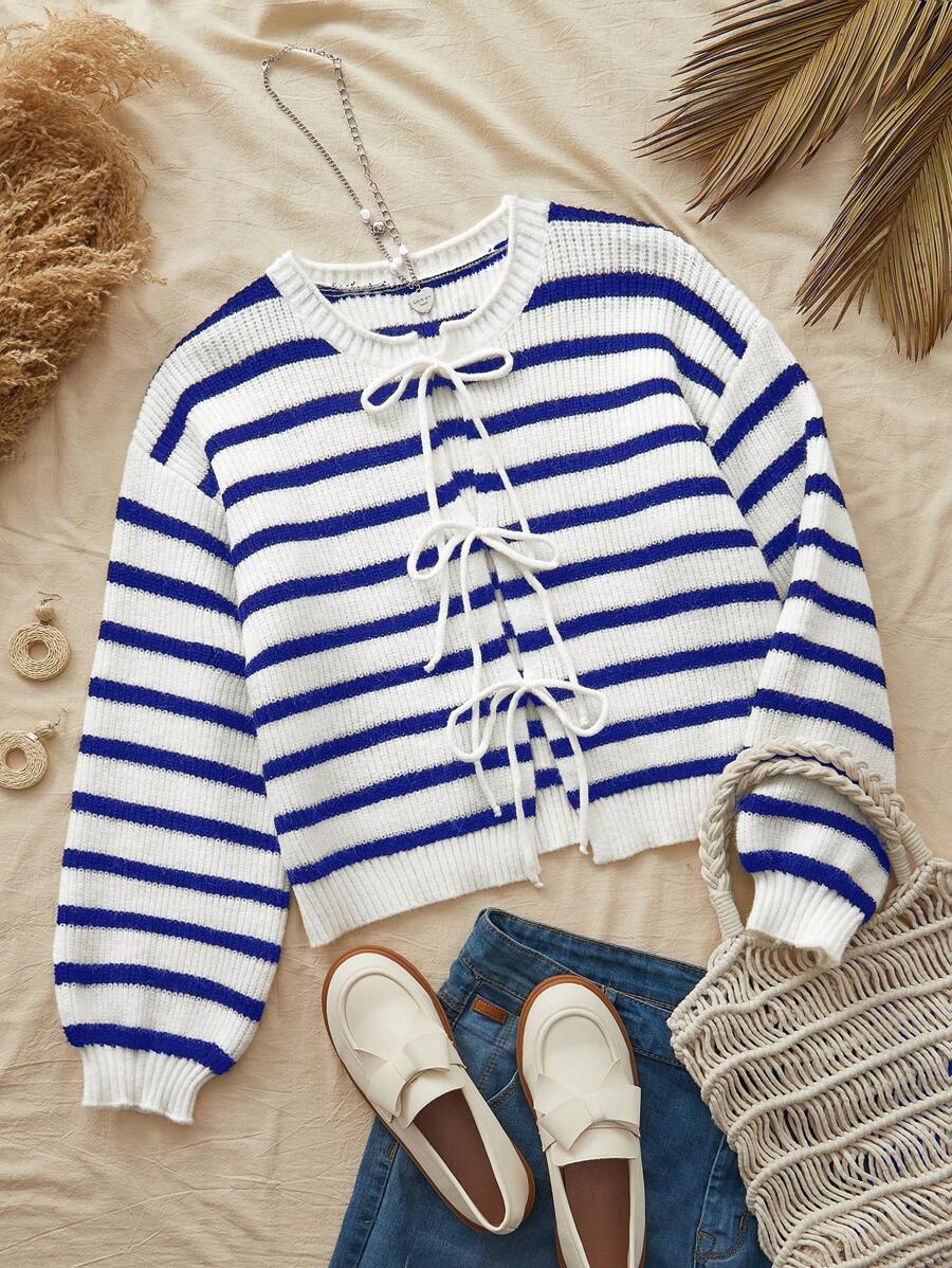 SHEIN VCAY Women's Loose Round Neck Tie-Up Long Sleeve Bowknot Cardigan, Bow Decoration, Fall Women