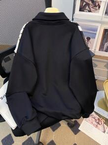 SHEIN 少女黑色/秋/冬/休闲宽松/扎染撞色缝线拉链露肩运动衫 - 黑色 - 查看 2