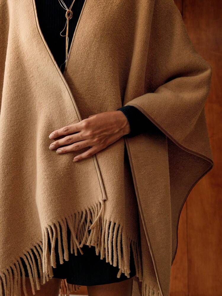 WOOL FRINGE TRIM BATWING SLEEVE OVERCOAT