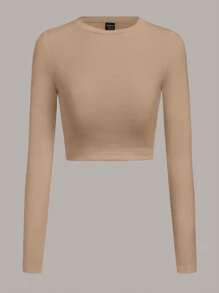 SHEIN Essnce 4pcs Women's Casual Minimalist Solid Color Round Neck Long Sleeve Cropped Fitted T-Shirt, Suitable For Spring/Summer - Multicolor - View 8