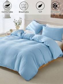 Bộ 2/3 vỏ chăn sợi tổng hợp xếp ly, Bộ chăn polyester phong cách đồng quê đơn giản và thời trang, Phù hợp cho mọi mùa, Queen (1 vỏ chăn + 1/2 vỏ gối) - Màu xanh lam - Xem 2