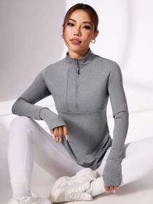 Easithlete Women Casual Minimal Fitted Zipper Funnel Neck Thumb Hole Sporty Sweatshirt, Autumn - Grey - View 3