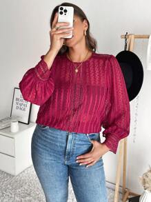 SHEIN Frenchy Plus Solid Fall Lantern Sleeve Blouse Without Cami Top,Lace,Long Sleeves,Date Night