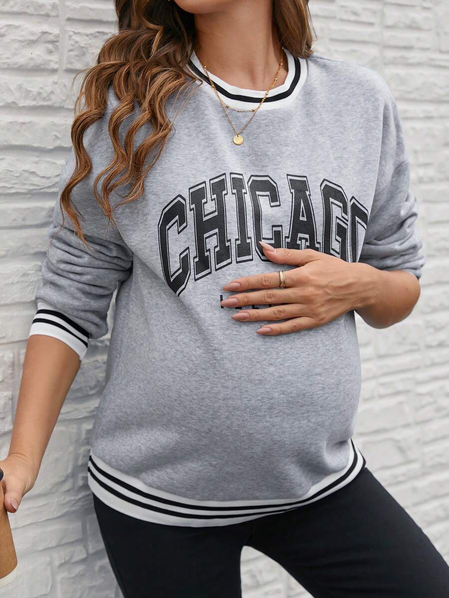 SHEIN Maternity Casual Color Block Striped Letter Print Round Neck Long