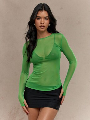 MISSGUIDED Rave Sheer Mesh Long Sleeve Top St. Patrick's Day Party Wear Irish Festival Celebration Fitted See-Through Saint Patrick's Lucky Charm Fashion Top Christmas