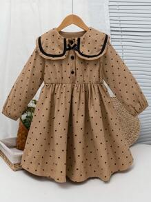 SHEIN Đầm suông chấm bi vải nhung kẻ cổ vuông viền đen phong cách đồng quê đa năng mùa thu/đông mới cho bé gái - Màu be - Xem 1