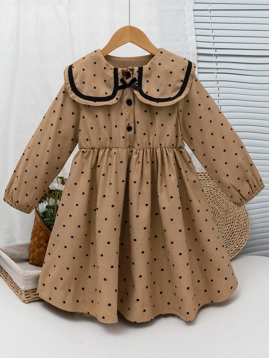SHEIN Đầm suông chấm bi vải nhung kẻ cổ vuông viền đen phong cách đồng quê đa năng mùa thu/đông mới cho bé gái - Màu be - Xem 1