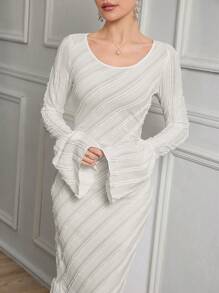 Modelyn 1pc Women Knitted Texture Long Bell Sleeve Fitted Mermaid Hem Dress Long Evening Dresses - White - View 4