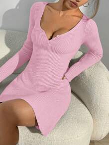 Flirla Einfarbiges geripptes gestricktes Langarm lässiges vielseitiges Pulloverkleid