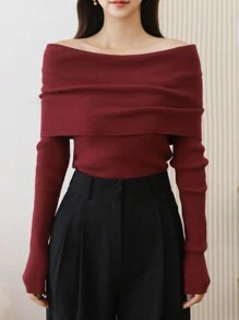 DAZY 女士纯色露肩毛衣，适合情人节和秋季服装 - 紅色 - 查看 8