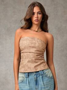 SHEIN BAE 1buc femeie maro piele PU top tub cu volan, minimalist, topuri toamna - Caisă - Vizualizare 3