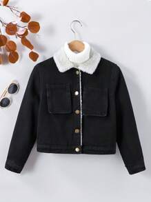 SHEIN Tween 女童纯色水洗羊毛内衬翻领牛仔外套，长袖保暖休闲牛仔夹克，儿童冬季返校服装