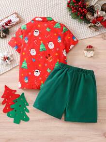 2pcs Young Boys Christmas Party Casual Gentleman Santa Claus, Reindeer, Christmas Tree Random Print Red Short Sleeve Shirt + Olive Green Shorts With Pockets Set, Suitable For Holiday Celebration, Family Gathering, Party And Dinner