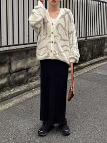 FRIFUL Women's Solid Color Long Straight Casual Knit Skirt - Black - View 2