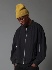 SUMWON Lightweight Classic Bomber Jacket Urban Streetwear Flight Military Aviation Style Athletic Zip Up Casual Outerwear Spring Fall Winter Layer - Black - View 3