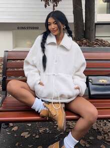 SHEIN EZwear Women Solid Color Long Sleeve Drawstring Waist Half Zip Teddy Fleece Sweatshirt, Autumn/Winter - Beige - View 1