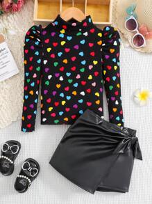 SHEIN Leap Crew SLAYR KIDS 2pcs/Set Young Girls Urban Chic Knit Crew Neck Long Sleeve Top & PU Leather Shorts, From NOVA Store, For Christmas - Black - View 5