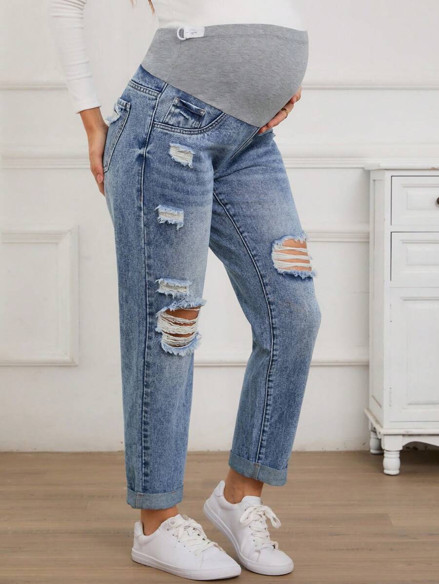 SHEIN Maternity Casual Everyday Washed Ripped Denim Jeans, Suitable For  Autumn - Light Wash - View 1