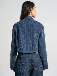 AiiRZ Boucle Texture Trucker Jacket Cropped Button Front Fall Winter Outerwear Flecked Pattern Casual Street Style Fashion Statement Piece - Blue - View 2