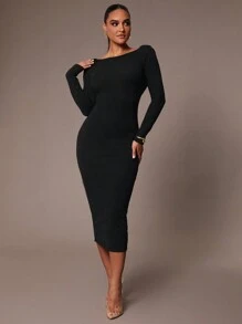 Silquee Women's Elegant And Gorgeous Autumn And Winter Draped Backless Long Sleeve Dress Ideal For Daily Commuting Or Partying, Black Stretch Knit Midi Dress,Thanksgiving,Christmas,New Year Eve Outfit