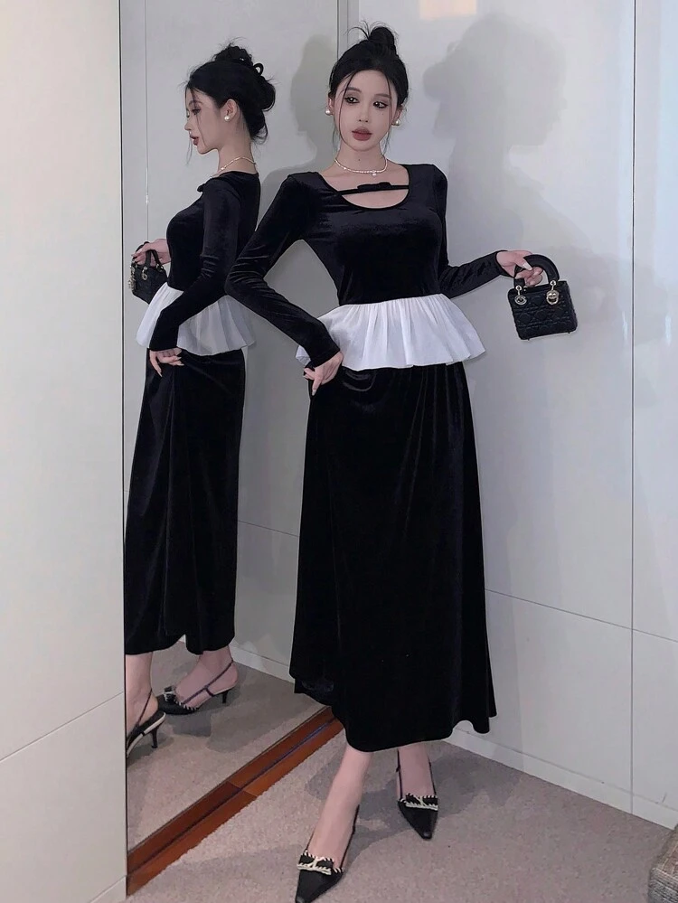 2pcs Women Elegant Velvet Ruffled Contrast Color Long Sleeve Top And Skirt Set, Suitable For Autumn And Winter ,New Year Eve,Fall Women Clothes